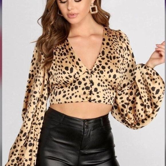 Windsor Cheetah Animal Print Crop Top Blouse S Puff Sleeve Elastic Wrist - Picture 2 of 12